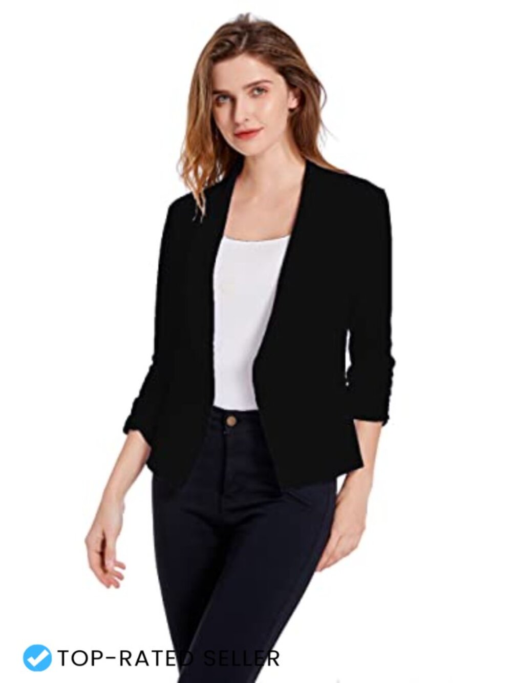 Women's Lightweight Stretchy One Button Blazer 3/4 Ruched Sleeve Business Casual